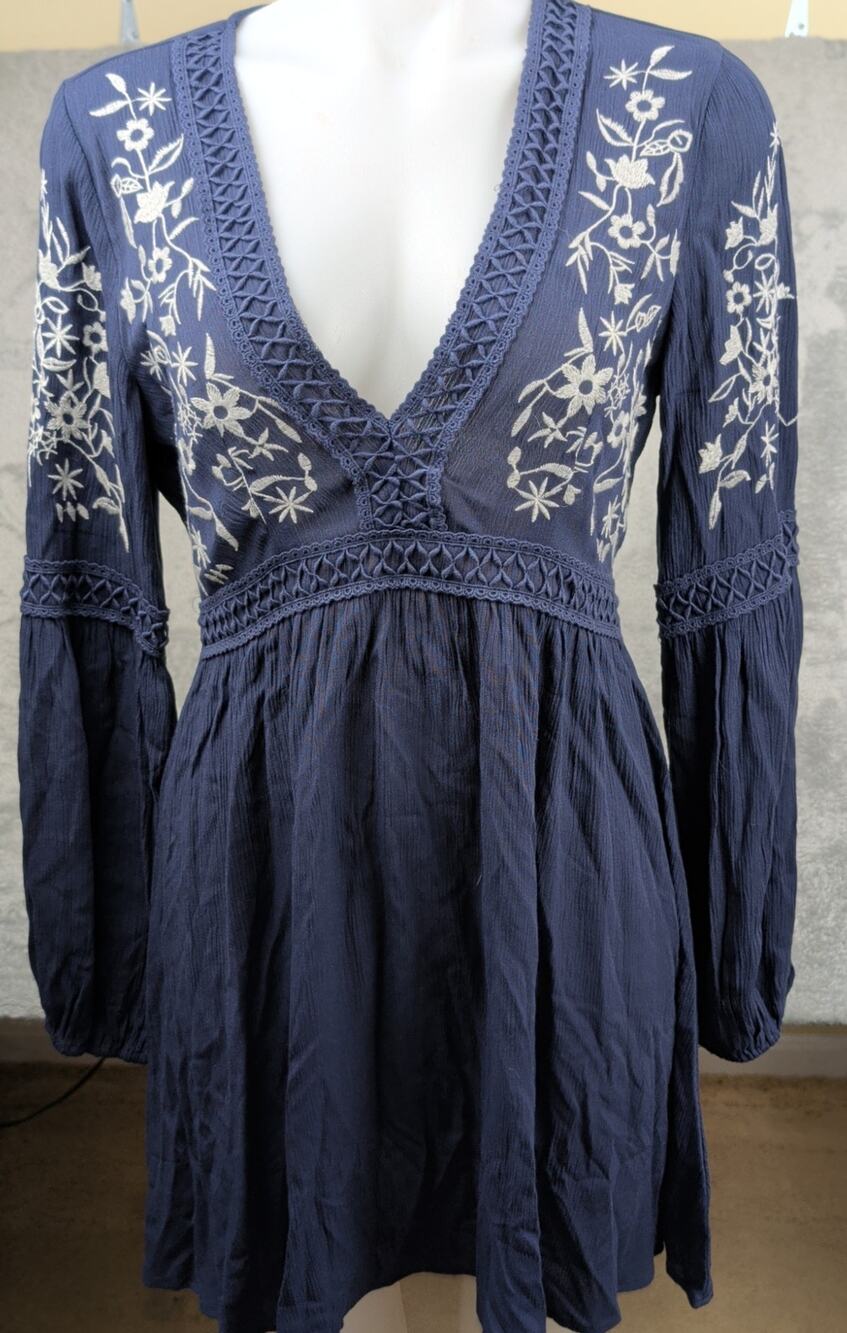 Women's Boho Embroidered Mini Dress size S Blue Rain